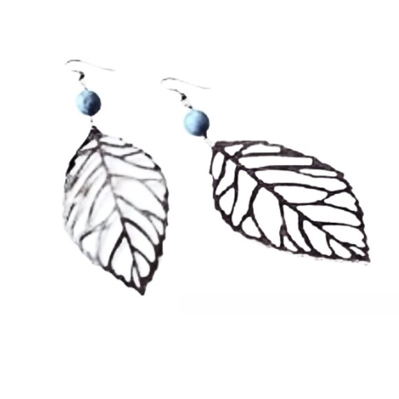 Turquoise Embellished Leaf Earrings (available in silver or copper!) - Picture 1 of 3